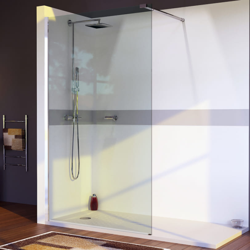 Paroi de douche fixe, l.100cm, verre transparent 8mm avec barre de  stabilisation